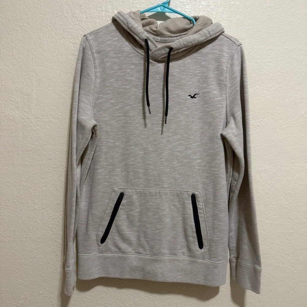 Hollister Mens Slub Knit Hoodie Oatmeal Heather Gray Zip Pocket Pullover Small